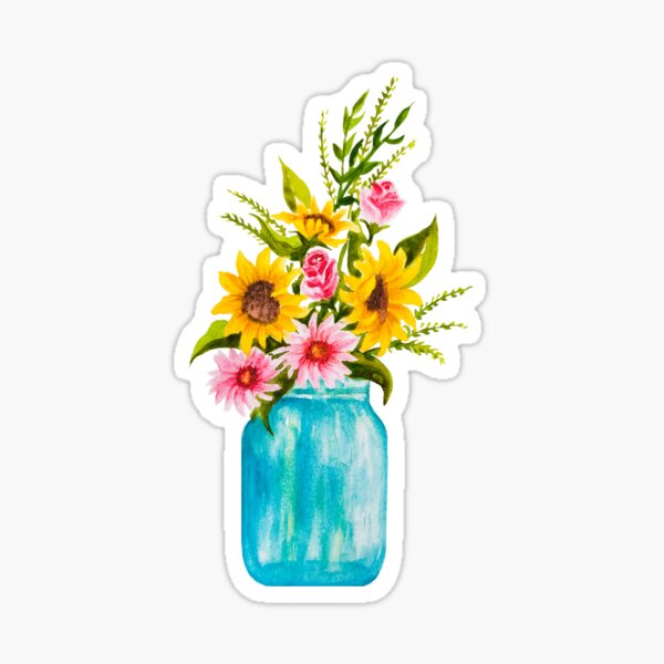 Watercolor mason jar with flowers Glossy Sticker