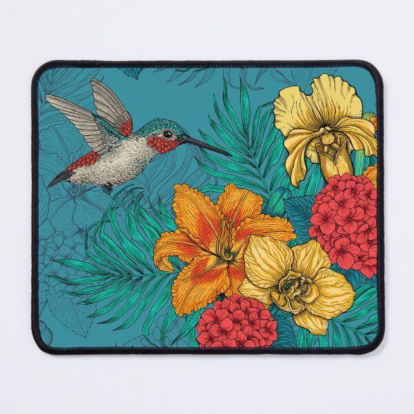 Item preview, Hummingbirds and tropical bouquet on blue designed and sold by Katerina Mitkova Kirilova.
