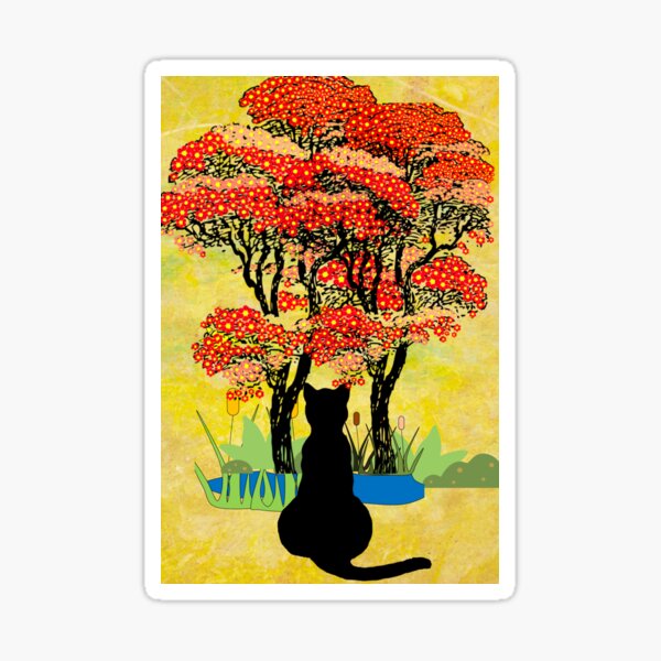" Black Cat Tree Blossoms Japanese Art Retro 1960's" Sticker by