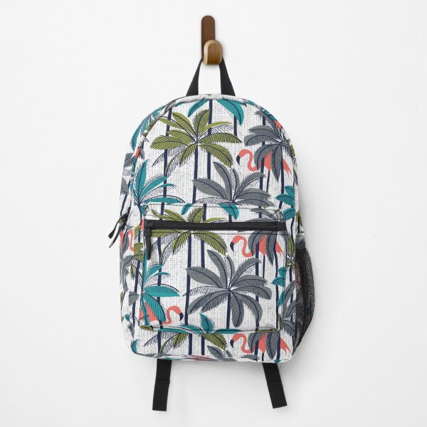 Item preview, Retro vacation mode // white background highball green peacock blue and green grey palm trees oxford navy blue line contour coral flamingos designed and sold by SelmaCardoso.