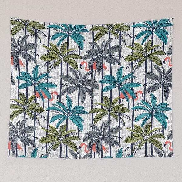 Item preview, Retro vacation mode // white background highball green peacock blue and green grey palm trees oxford navy blue line contour coral flamingos designed and sold by SelmaCardoso.