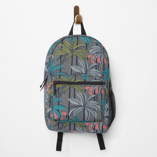 Item preview, Retro vacation mode // zambezi grey background highball green peacock blue and light grey palm trees oxford navy blue line contour coral flamingos designed and sold by SelmaCardoso.