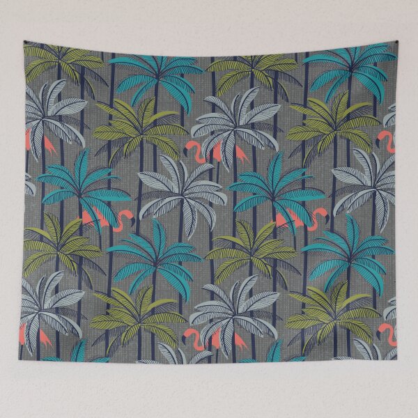 Item preview, Retro vacation mode // zambezi grey background highball green peacock blue and light grey palm trees oxford navy blue line contour coral flamingos designed and sold by SelmaCardoso.