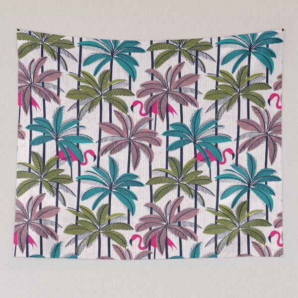 Item preview, Retro vacation mode // white background highball green peacock blue and dry rose palm trees oxford navy blue line contour fuchsia pink flamingos designed and sold by SelmaCardoso.