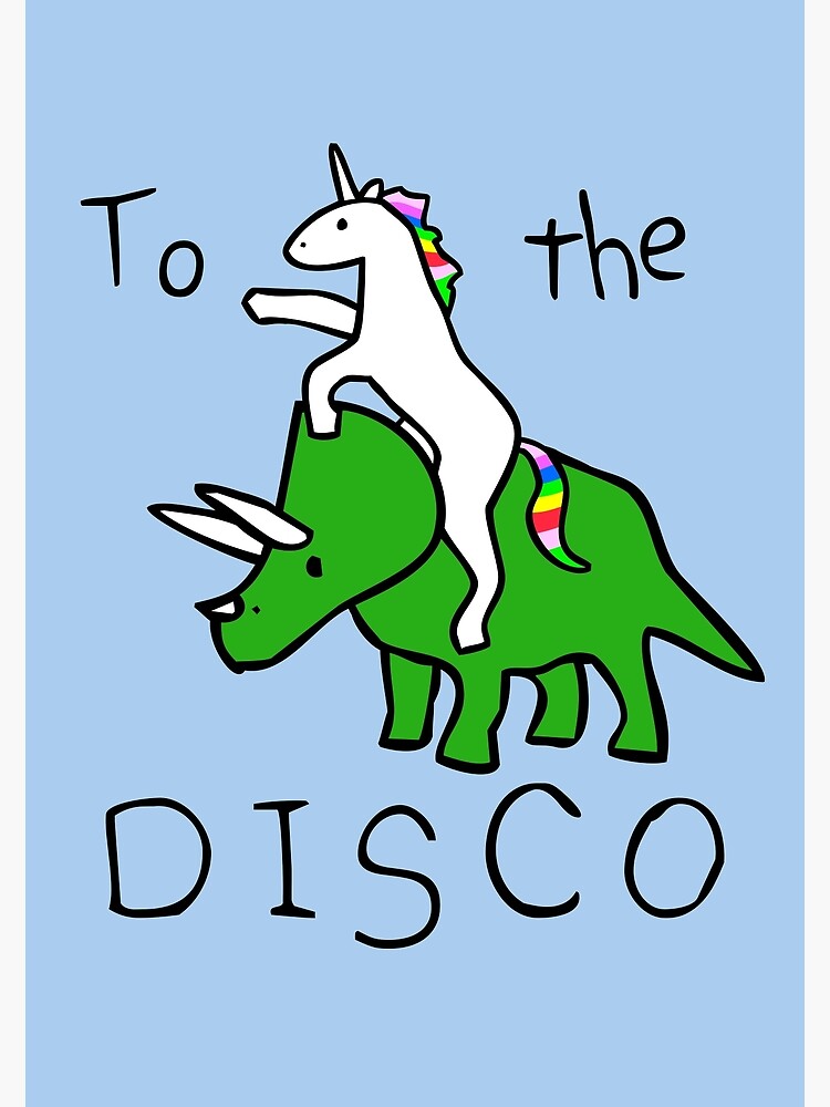 Aperçu 2 sur 2. Carte de vœux avec l'œuvre To The Disco (Unicorn Riding Triceratops) créée et vendue par jezkemp.