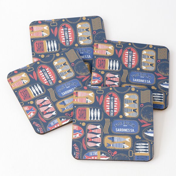 Item preview, Vintage canned sardines // navy blue background electric blue and mandy red cans  designed and sold by SelmaCardoso.