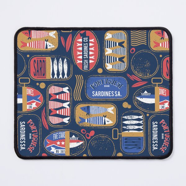 Item preview, Vintage canned sardines // navy blue background electric blue and mandy red cans  designed and sold by SelmaCardoso.