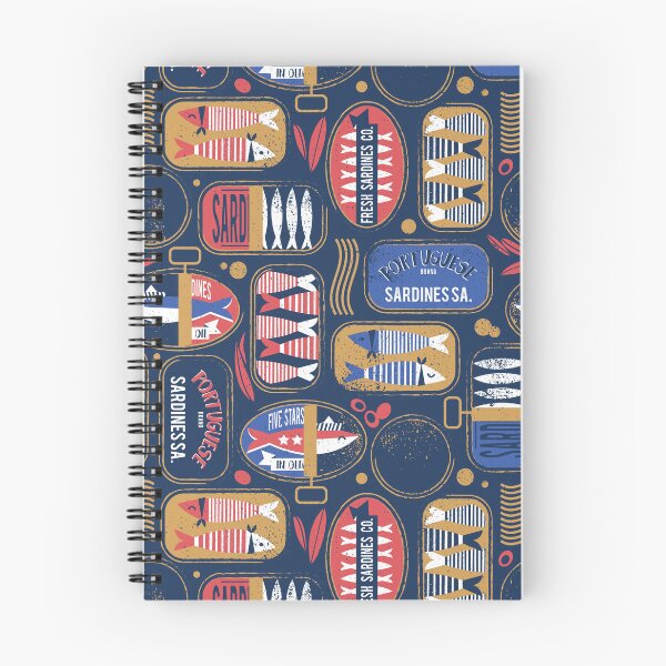 Item preview, Vintage canned sardines // navy blue background electric blue and mandy red cans  designed and sold by SelmaCardoso.