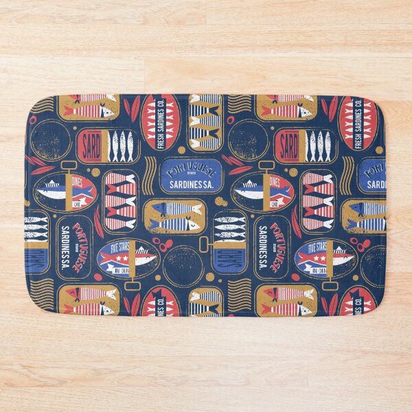 Item preview, Vintage canned sardines // navy blue background electric blue and mandy red cans  designed and sold by SelmaCardoso.