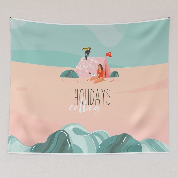 Item preview, sunbathing girl ,camp tent in ocean beach landscape and Holidays calling typography designed and sold by Anastasy-Helter.