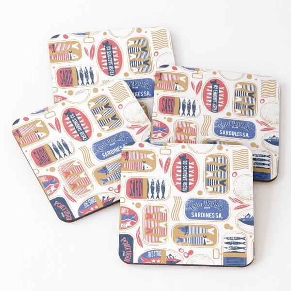 Item preview, Vintage canned sardines // white background electric blue and mandy red cans  designed and sold by SelmaCardoso.