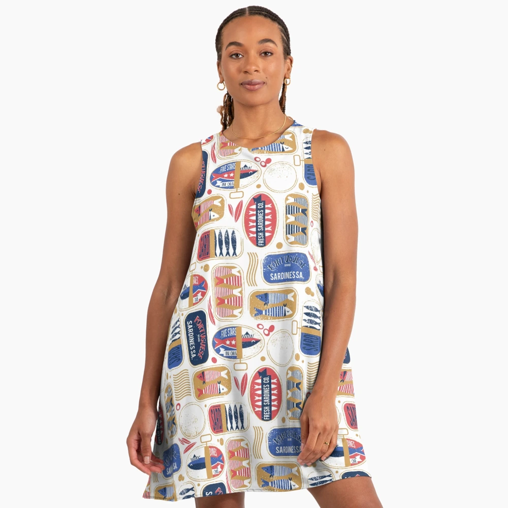 Vintage Canned Sardines // White Background Electric Blue And Mandy Red Cans Beach A-Line Dress