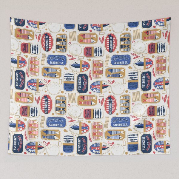 Item preview, Vintage canned sardines // white background electric blue and mandy red cans  designed and sold by SelmaCardoso.