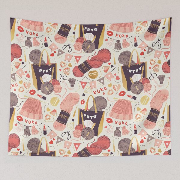 Item preview, Knitting party // romance white background brown coral flesh rose neon red and gold knit motifs designed and sold by SelmaCardoso.