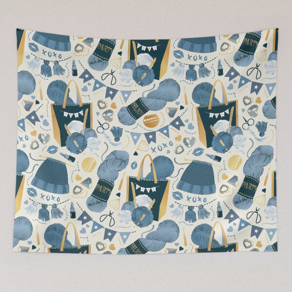 Item preview, Knitting party // romance white background monochromatic blue and gold knit motifs designed and sold by SelmaCardoso.