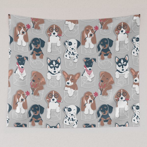Item preview, Pure love pockets I // beige background Dachshund Beagle Dalmatian Basset Hound Labrador Retriever Husky Welsh Corgi and Italian Greyhound dog puppies designed and sold by SelmaCardoso.