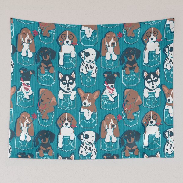 Item preview, Pure love pockets I // turquoise background Dachshund Beagle Dalmatian Basset Hound Labrador Retriever Husky Welsh Corgi and Italian Greyhound dog puppies designed and sold by SelmaCardoso.