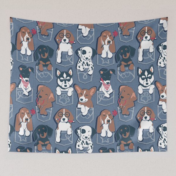 Item preview, Pure love pockets I // denim blue background Dachshund Beagle Dalmatian Basset Hound Labrador Retriever Husky Welsh Corgi and Italian Greyhound dog puppies designed and sold by SelmaCardoso.
