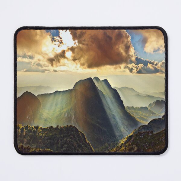 Item preview, Mountain view with sun shining through the clouds designed and sold by MerWishes.