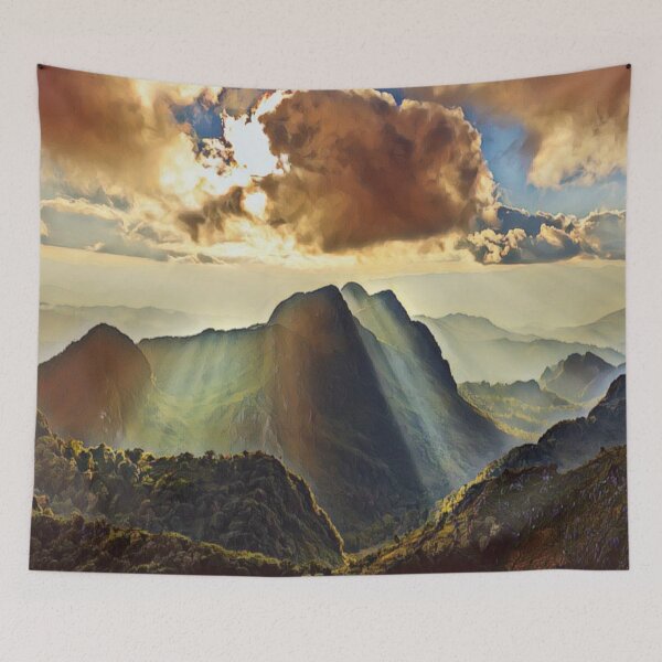 Item preview, Mountain view with sun shining through the clouds designed and sold by MerWishes.