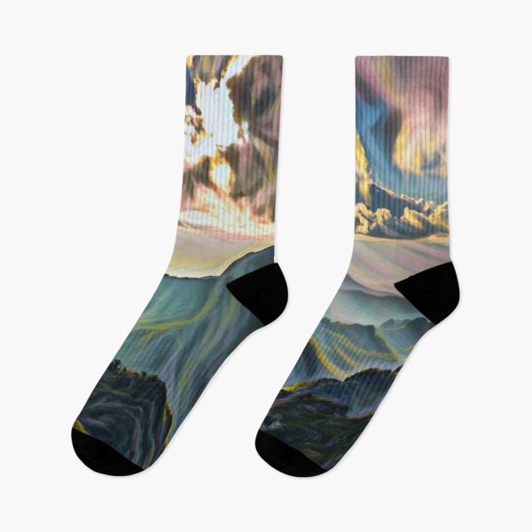 Item preview, Mountain view with sun shining through the clouds designed and sold by MerWishes.