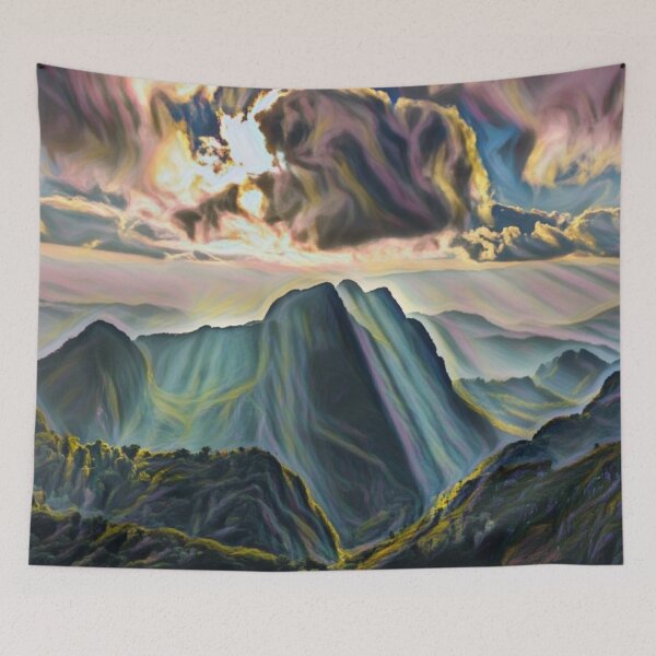Item preview, Mountain view with sun shining through the clouds designed and sold by MerWishes.