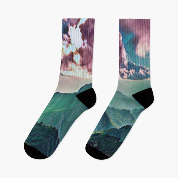 Item preview, Mountain view with sun shining through the clouds designed and sold by MerWishes.