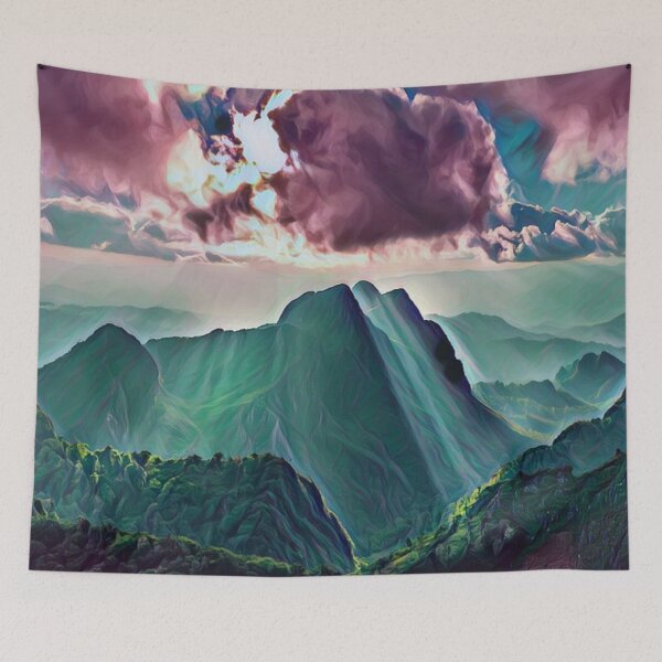 Item preview, Mountain view with sun shining through the clouds designed and sold by MerWishes.