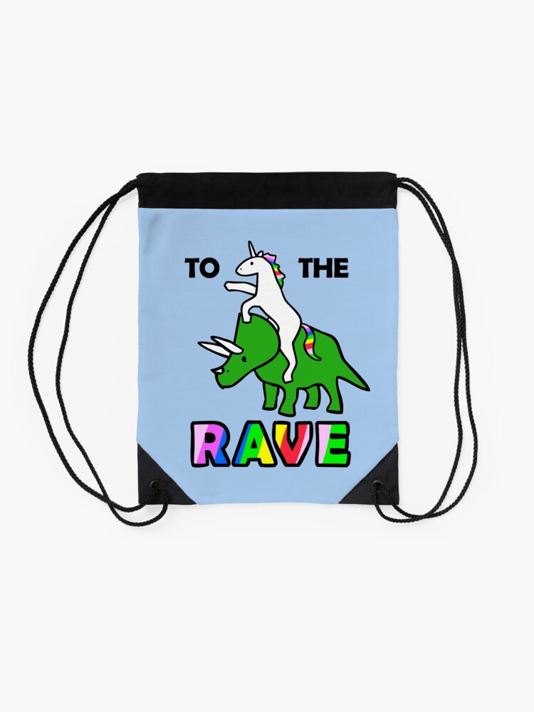 Alternate view of To The Rave! (Unicorn Riding Triceratops) Drawstring Bag