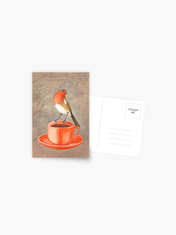 Thumbnail 1 of 2, Postcard, coffee loving robin bird designed and sold by EllenLambrichts.