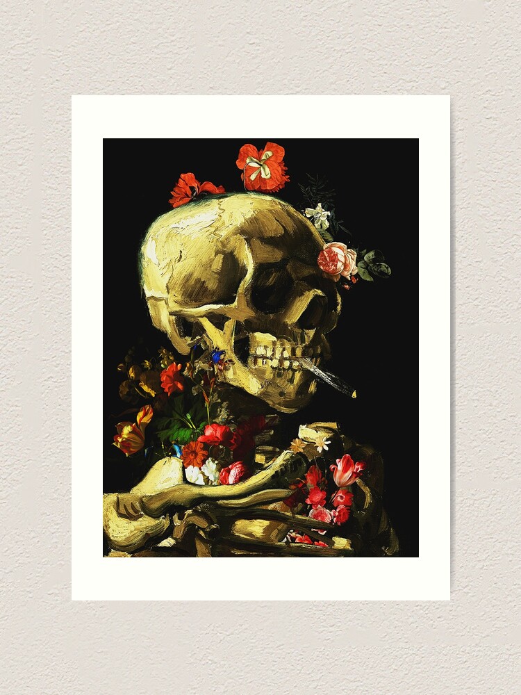 Vincent Van Gogh - Skull of a Skeleton with Burning Cigarette and Flowers |  Art Print