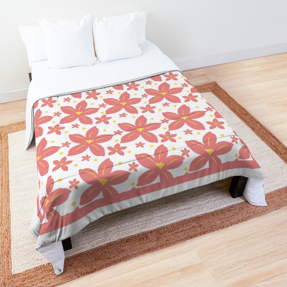 Peach Pink & Yellow Floral Grid Comforter
