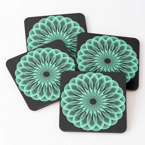 Spirograph in Seagreen on Black Coasters (Set of 4)