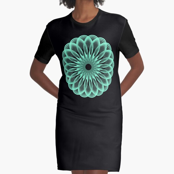Spirograph in Seagreen on Black Graphic T-Shirt Dress