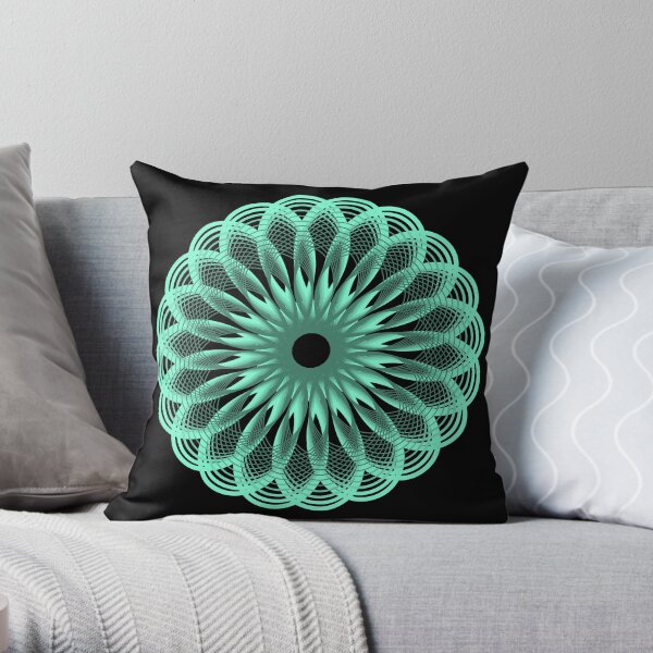 Spirograph in Seagreen on Black Throw Pillow