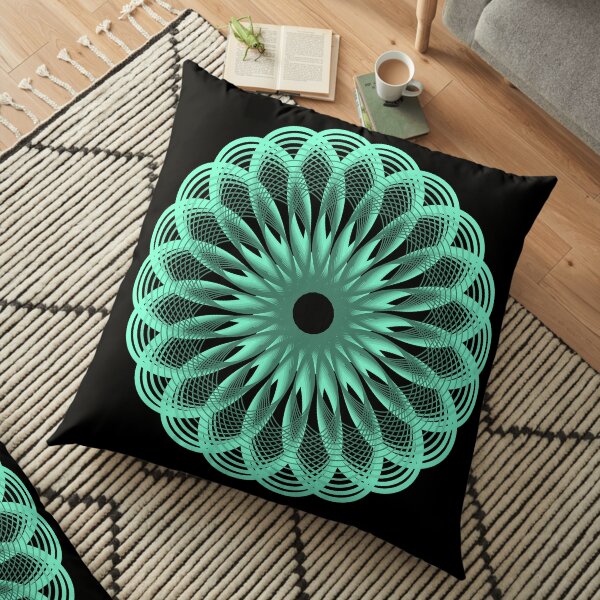 Spirograph in Seagreen on Black Floor Pillow