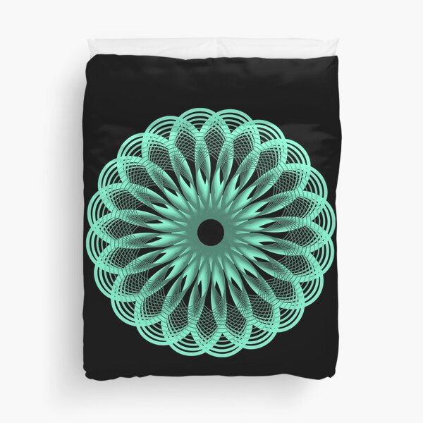 Spirograph in Seagreen on Black Duvet Cover