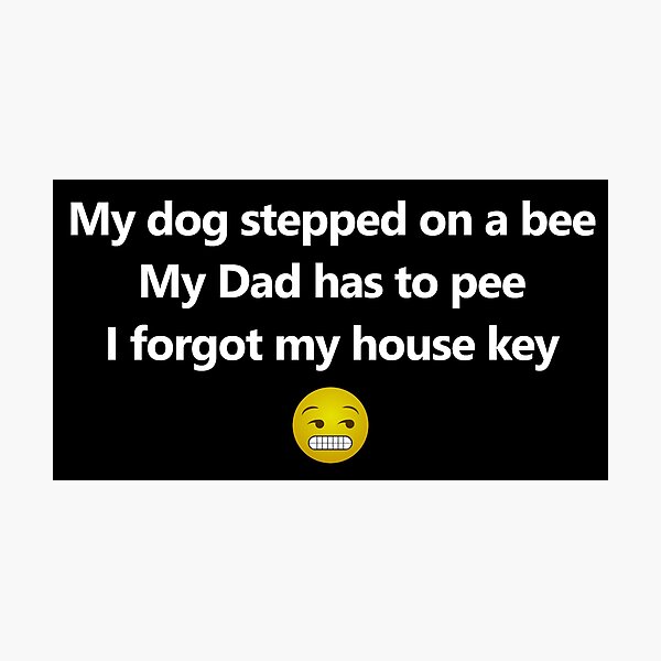 My dog stepped on a bee, My dad has to pee, I forgot my house key