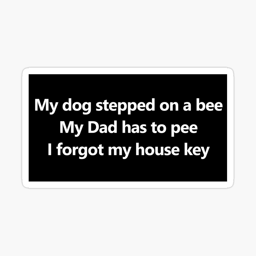 My dog stepped on a bee, My dad has to pee, I forgot my house key
