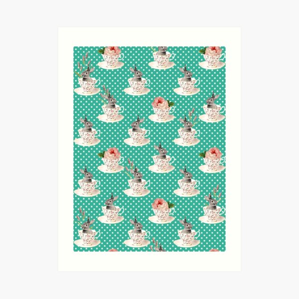 Spring Tea Bunny #Easter #Rabbit #PolkaDots #Dots #Retro #Fashion #Seamless #Pattern #Teal #Animal Art Print