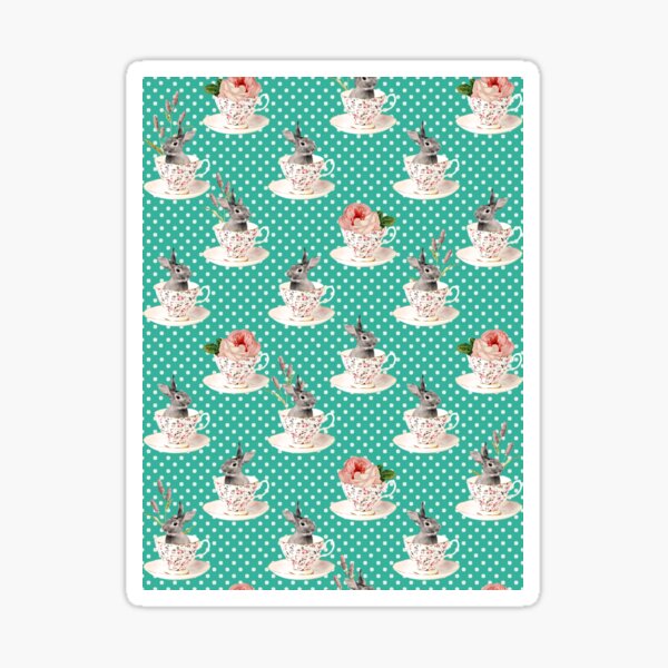 Spring Tea Bunny #Easter #Rabbit #PolkaDots #Dots #Retro #Fashion #Seamless #Pattern #Teal #Animal Sticker