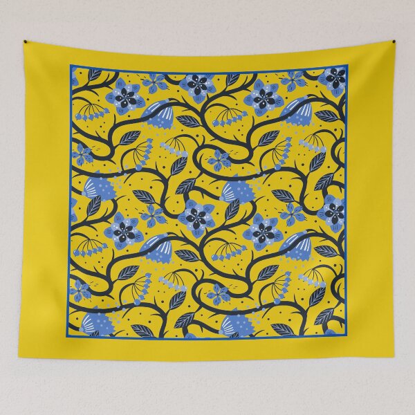 Item preview, Blue flowers pattern on yellow background classical scarf designed and sold by NellyShaul.
