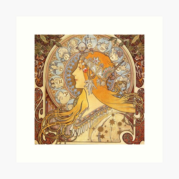Vista previa del artículo con la obra «Alphonse Mucha Zodiac Art Nouveau Mujer», diseñado y vendido por antiqueart.