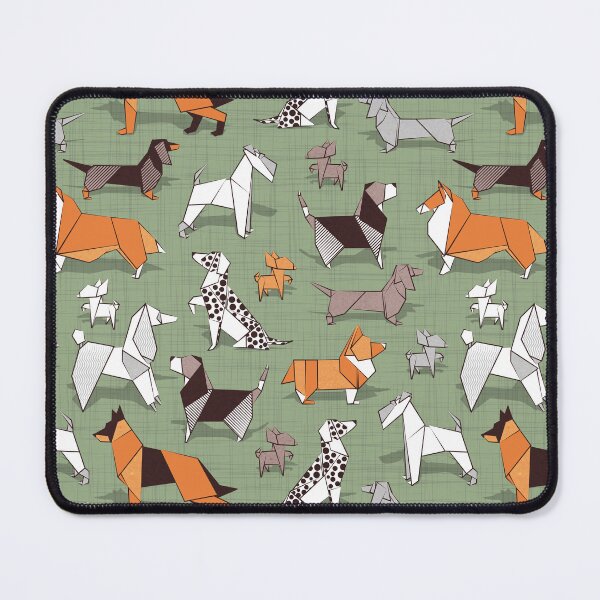 Item preview, Origami doggie friends // sage green linen texture background paper Chihuahuas Dachshunds Corgis Beagles German Shepherds Collies Poodles Terriers Dalmatians designed and sold by SelmaCardoso.