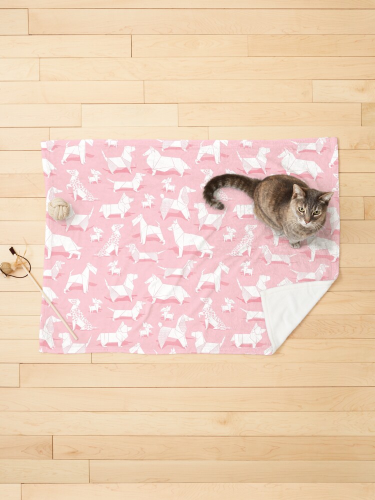 Thumbnail 1 of 6, Pet Blanket, Origami doggie friends // pastel pink background paper Chihuahuas Dachshunds Corgis Beagles German Shepherds Collies Poodles Terriers Dalmatians designed and sold by SelmaCardoso.