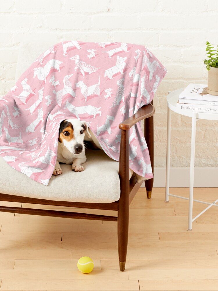 Thumbnail 4 of 6, Pet Blanket, Origami doggie friends // pastel pink background paper Chihuahuas Dachshunds Corgis Beagles German Shepherds Collies Poodles Terriers Dalmatians designed and sold by SelmaCardoso.