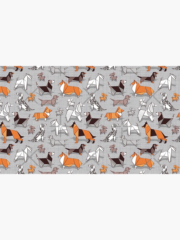 Artwork view, Origami doggie friends // grey linen texture background designed and sold by SelmaCardoso