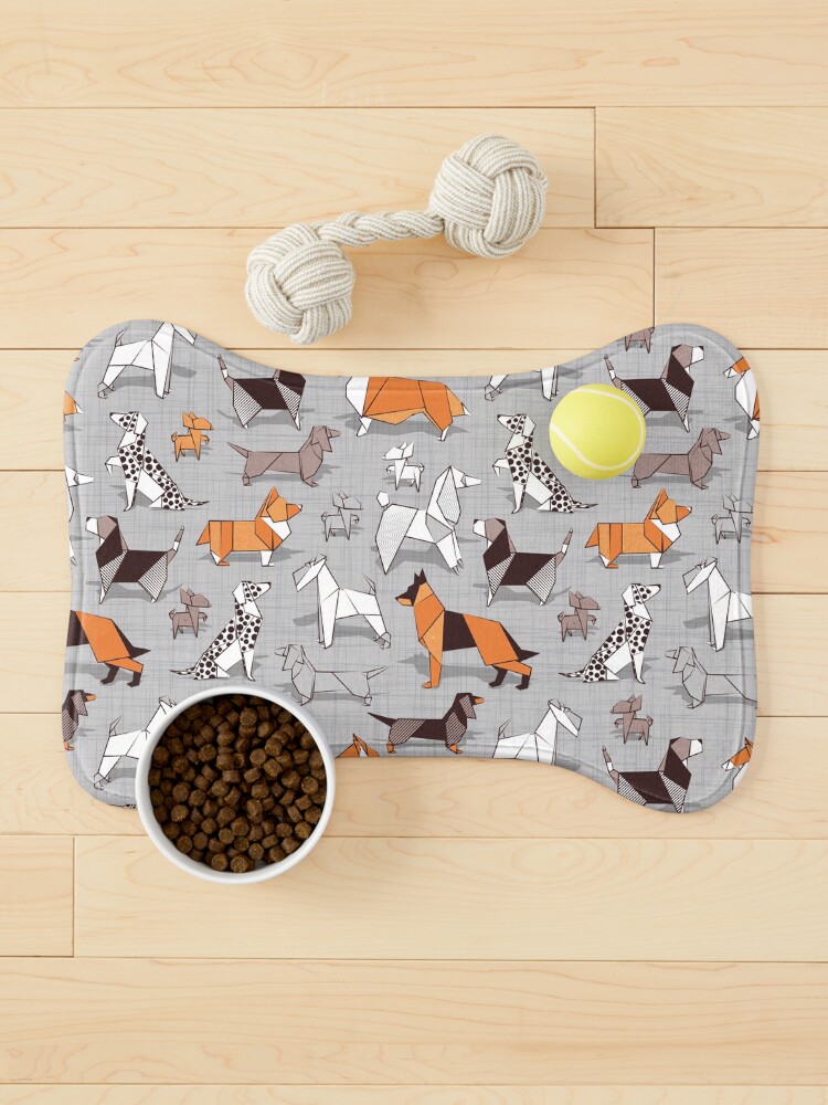 Thumbnail 1 of 5, Pet Mat, Origami doggie friends // grey linen texture background designed and sold by SelmaCardoso.