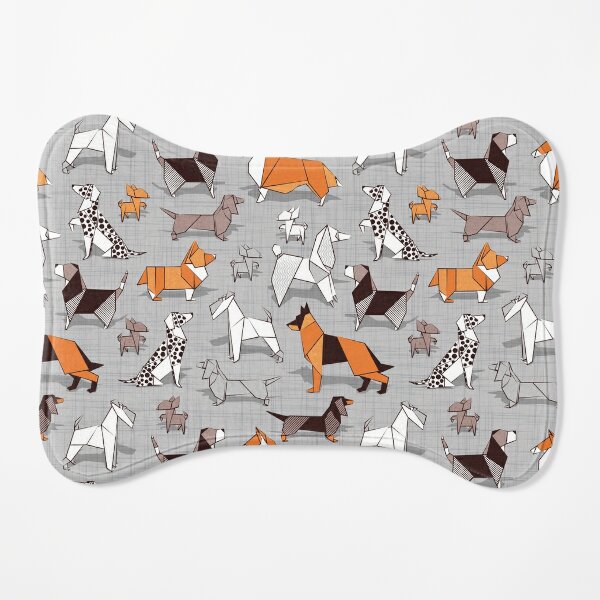 Origami doggie friends // grey linen texture background Dog Mat