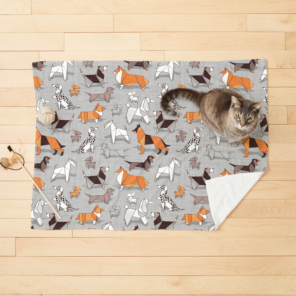 Origami doggie friends // grey linen texture background Pet Blanket